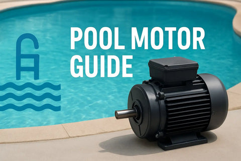 Svart industriell poolmotor med ribbad hölje och axel, baksida.