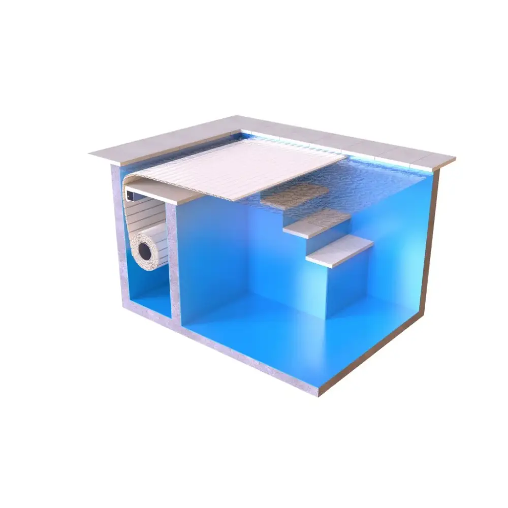 Blå inomhuspool med vita kakeltrappor, AquaTop nersänkt 800 3m bredd och extern motor