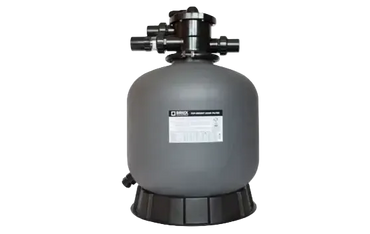 Grå cylindrisk Brilix P350 sandfilter med svart topp och bas, Danfoss-etikett