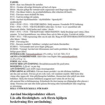 Aseko Pool Spa klor flytande 20L med 13% natriumhypoklorit