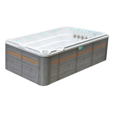 Modern PassionSpa Activity 1 Deep Swim Spa med vit insida, grå träpaneler, tan ränder och LED-belysning