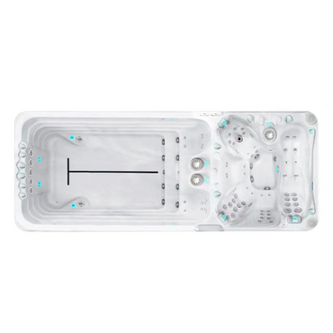 Vit PassionSpa Dynamic Deep Swim Spa med vit bad, integrerade säten, jetstrålar och blå belysning