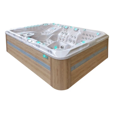 Modern vit badkar PassionSpa Ecstatic Mighty Wave med ljus träpanel och turkos belysning