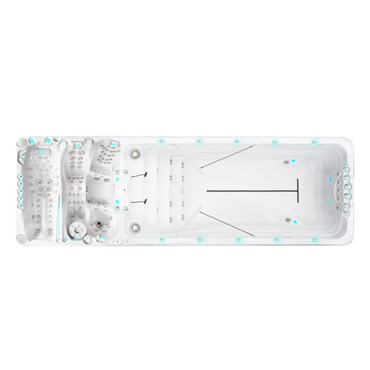 Vit PassionSpa Energy Deep Swim Spa med vit rektangulär form, ljusblå LED-belysning och inbyggda jetstrålar