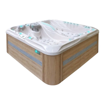 PassionSpa Euphoria Mighty Wave med vit akryl, ljus träpanel och turkosa LED