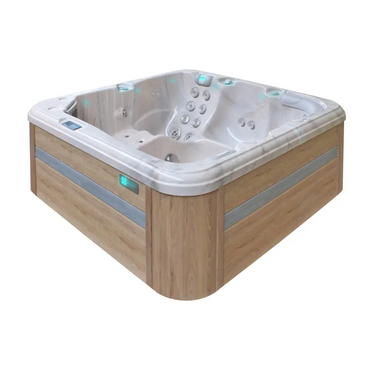 Modern PassionSpa Relax Spabad med ljus träutsida, vit insida, jetmunstycken och blå LED-belysning