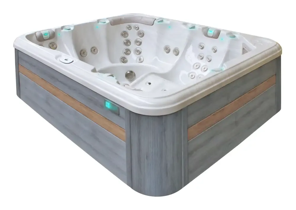 PassionSpa Repose -poreallas – moderni muotoilu, harmaa ulkoasu, puukuvioinen pinta, valkoiset hierontasuuttimet PassionSpa Repose -poreallas – moderni muotoilu, harmaa ulkoasu, puukuvioinen pinta, valkoiset hierontasuuttimet