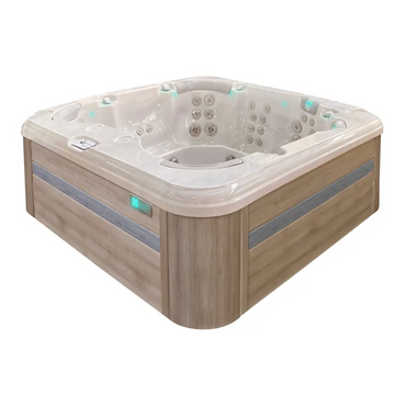 Modern beige PassionSpa Resettle Spabad med träpaneler och LED-belysning