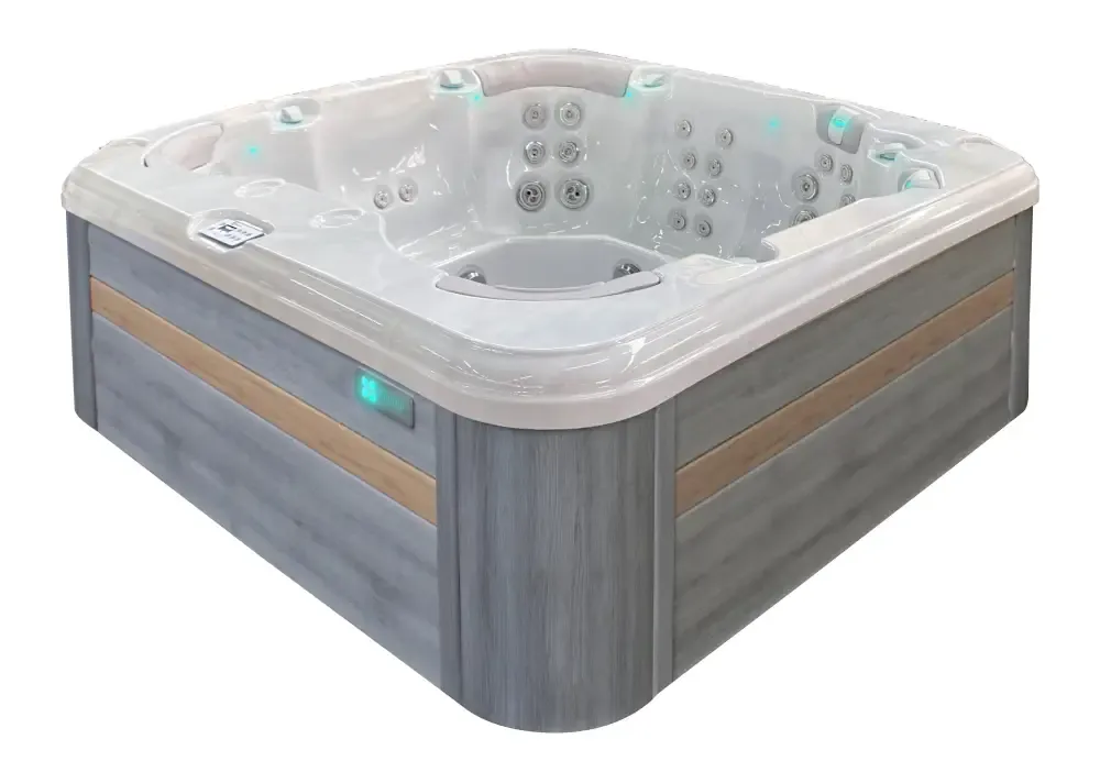 PassionSpa Resettle -poreallas – harmaa puukuvio, valkoinen yläosa, hierontasuuttimet, sininen LED-valaistus PassionSpa Resettle -poreallas – harmaa puukuvio, valkoinen yläosa, hierontasuuttimet, sininen LED-valaistus