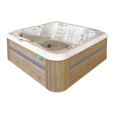 Modernt PassionSpa Retreat Spabad med ljus träfasad, vit insida, jetmunstycken och blå LED-belysning