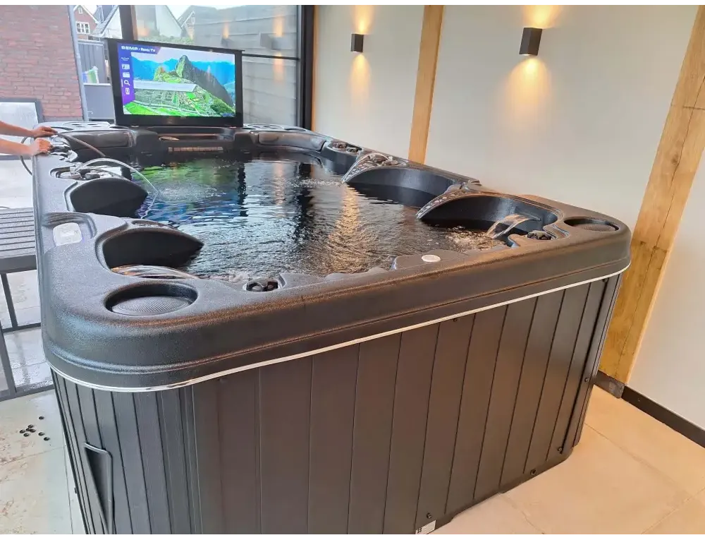 PassionSpa Theater -poreallas – musta pinta, moderni muotoilu, sisäänrakennettu televisioruutu