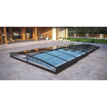 Ultra lågt pooltak Sydney 4x7 med svart ram och blåtonat glas