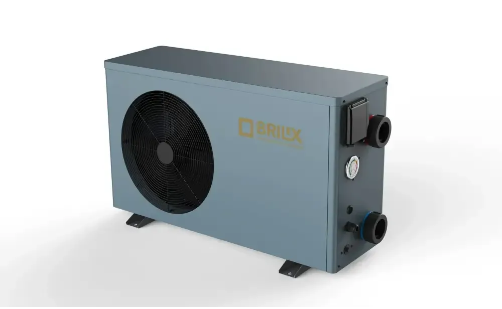Grå poolvärmepump Brilix XHPFDPLUS 12kW R32 utomhusmodell med svart fläkt