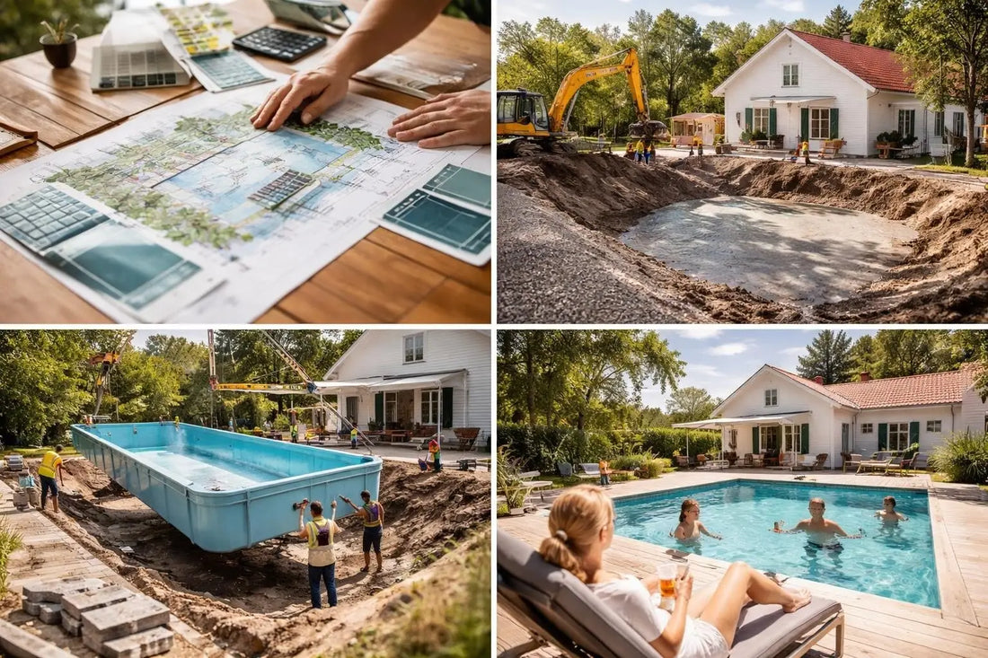 Installation av blå rektangulär ovanmarkspool utomhus i skandinaviskt klimat