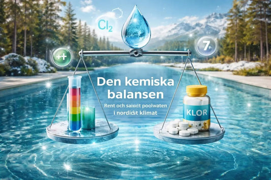 Gul klorflaska Klor på våg med provrör för pH-klorbalans i pool.