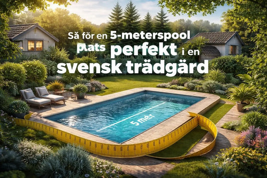 Gul måttband runt 5-meters pool för svenska villaträdgårdar