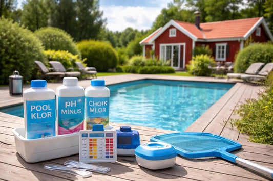 Blå och vit poolunderhållssats med testremsor, pH-mätare och verktyg på trädeck.