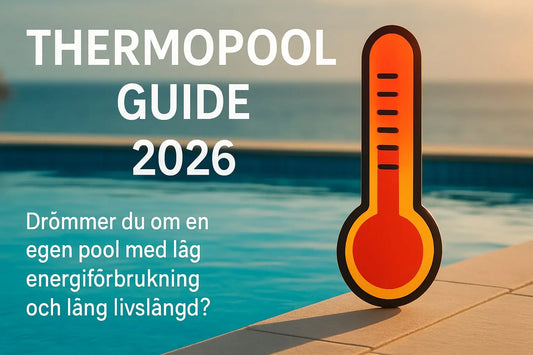 Ljus orange och gul termometer för pool på kaklad poolkant.