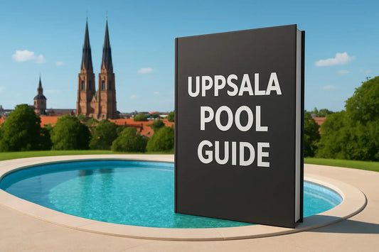 Svart hardcoverbok med titeln Uppsala pool guide i cirkulär pool.