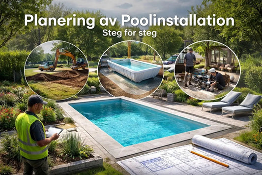 Rektangulär ingroundpool med klart blått vatten och grå stenkant
