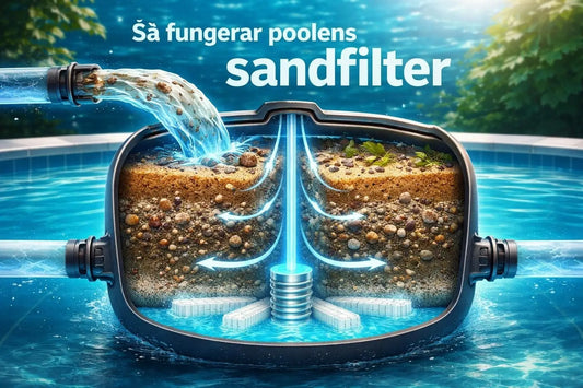 Svart plast poolsandfilter med lager av grus och sand för rent vatten.
