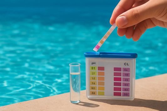 Blåvit pH- och klor-testkit med färgkoder för klart poolvatten.