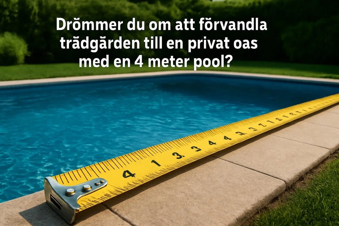 Gul måttband vid kant på 4 meters blå pool i trädgård.
