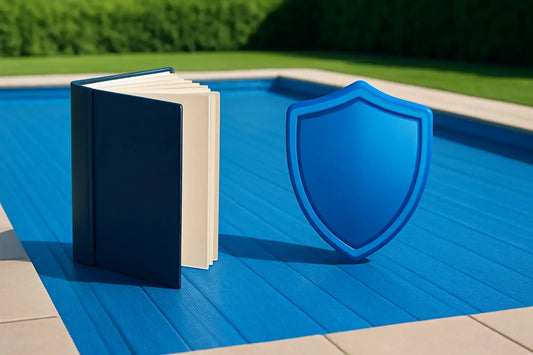 Trygg pool med hållbart skydd: navy bok bredvid blå sköldikon vid poolen