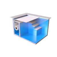 Blå inomhuspool med vita kakeltrappor, AquaTop nersänkt 800 3.5m bredd och extern motor