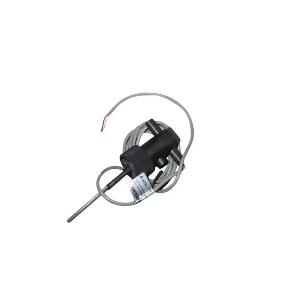 Svart plasttemperatursensor med grå kabel och metallprobe för Flödesvakt poolvärmepump, trots fullt flöde