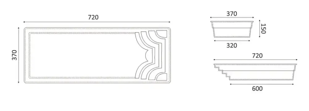 Blå rektangulär glasfiberpool Aruba med tekniska ritningar av planter