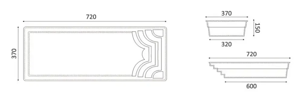 Blå rektangulär glasfiberpool Aruba med tekniska ritningar av planter