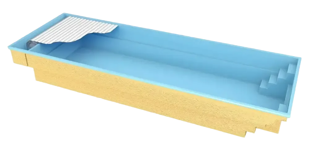 Bahama trädgårdspool i blått glasfiber med transparent pooltak