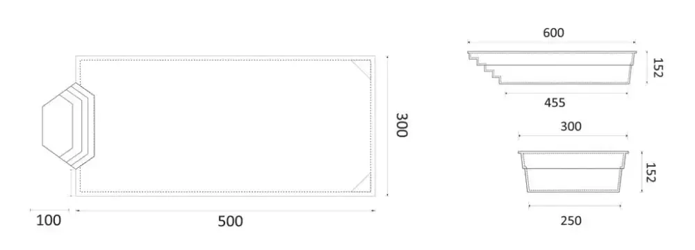 Glasfiberpool Grenada med intressant form, bekväma sittplatser och rektangulär planter