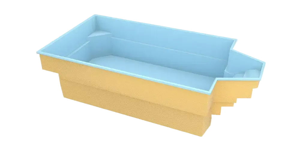 Glasfiberpool Grenada i ljusblått med intressant form och bekväma sittplatser