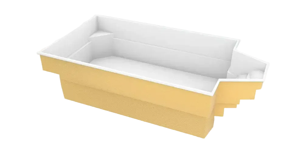 Glasfiberpool Grenada med intressant form, bekväma sittplatser och gula-vita steg