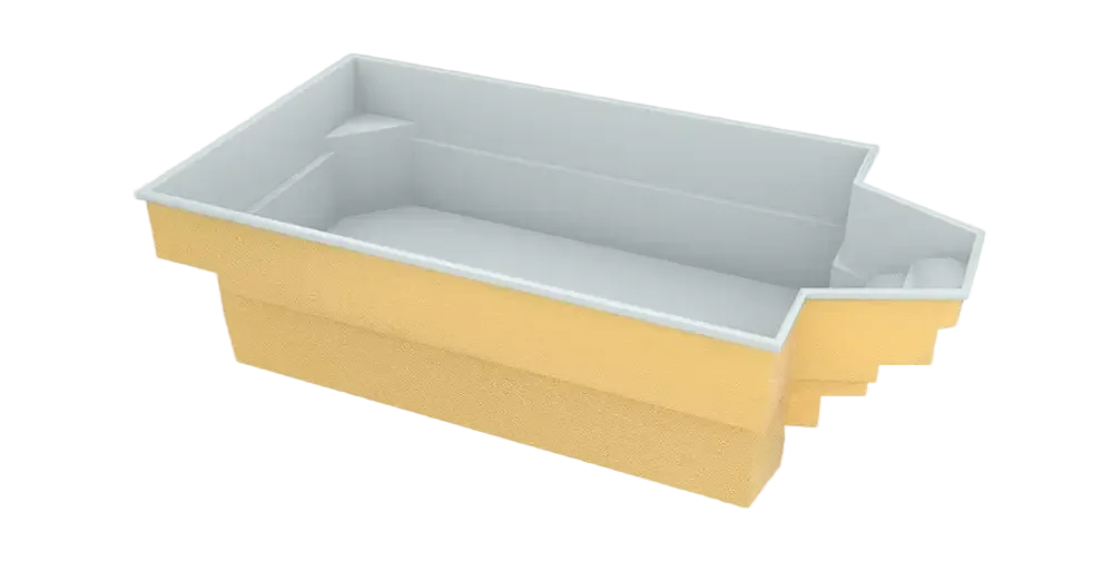 Glasfiberpool Grenada i gul och grå med intressant form och bekväma sittplatser
