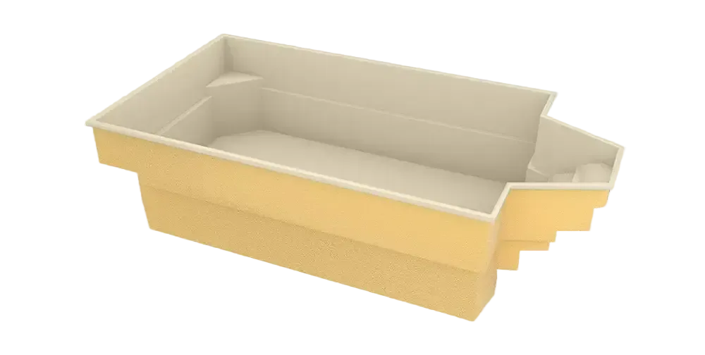 Glasfiberpool Grenada med intressant form, bekväma sittplatser och beige interiör