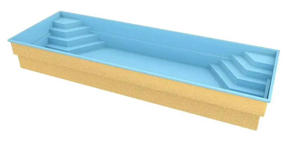 Blå och beige rektangulär ingroundpool med inbyggda steg för glasfiberpool Jamaika 25x3 75x1 50m