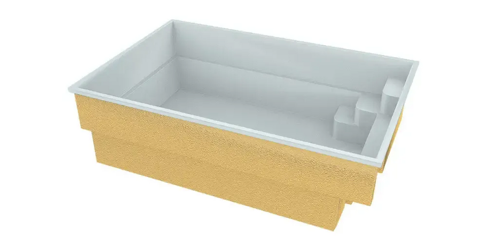 Glasfiberpool Mini Victoria med guld texturerad rektangulär pool, vit interiör och inbyggda steg