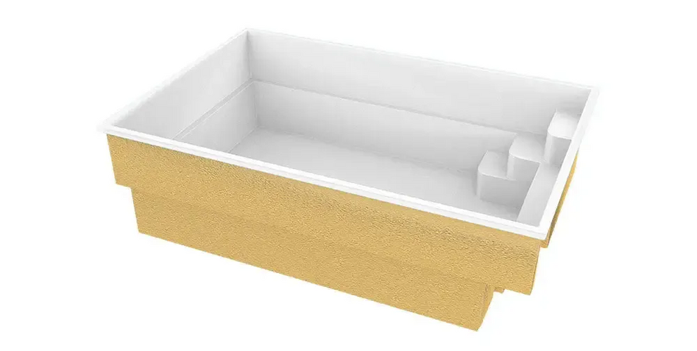 Gul glasfiberpool Mini Victoria med vit interiör och trappsteg