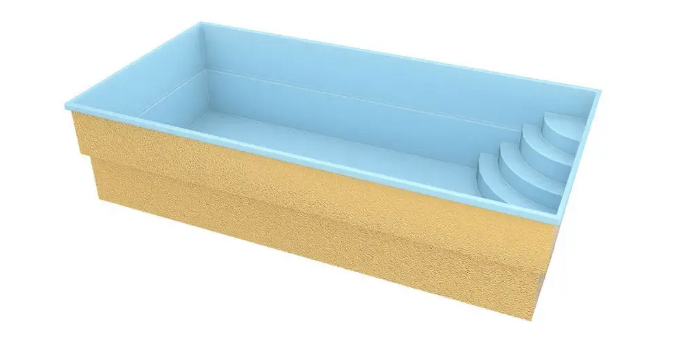 Glasfiberpool Papeete med elegant pooltak i ljusblå interiör och texturerad gul-guld exteriör