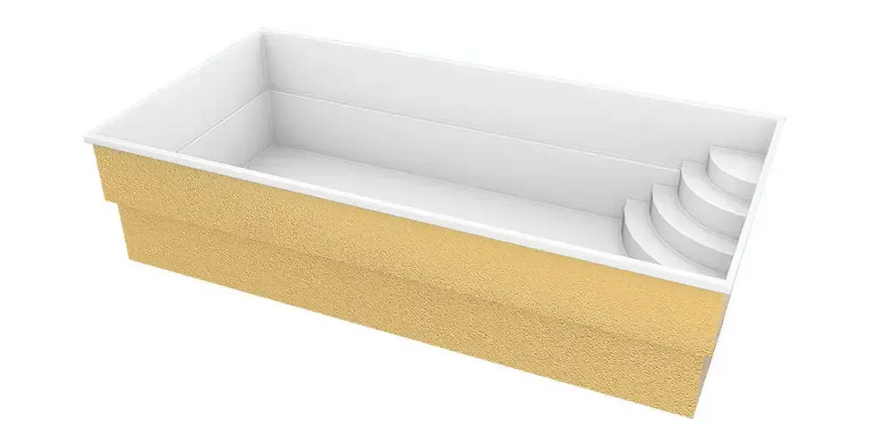 Glasfiberpool Papeete med guldtexturerad exteriör, vit interiör och pooltak med inbyggda steg