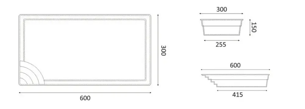 Glasfiberpool Papeete med elegant pooltak i teknisk ritning