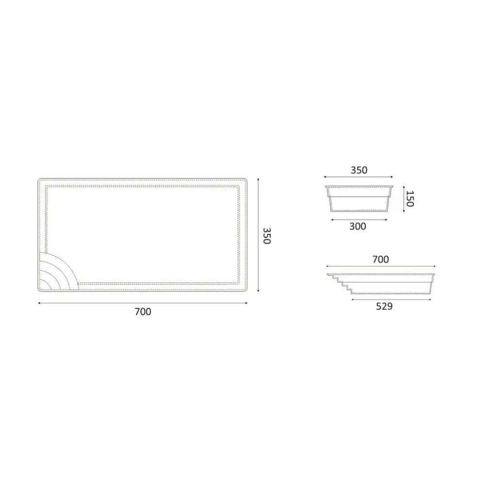 Glasfiberpool Papeete med rektangulär bricka i ljus material och kurvig dekoration