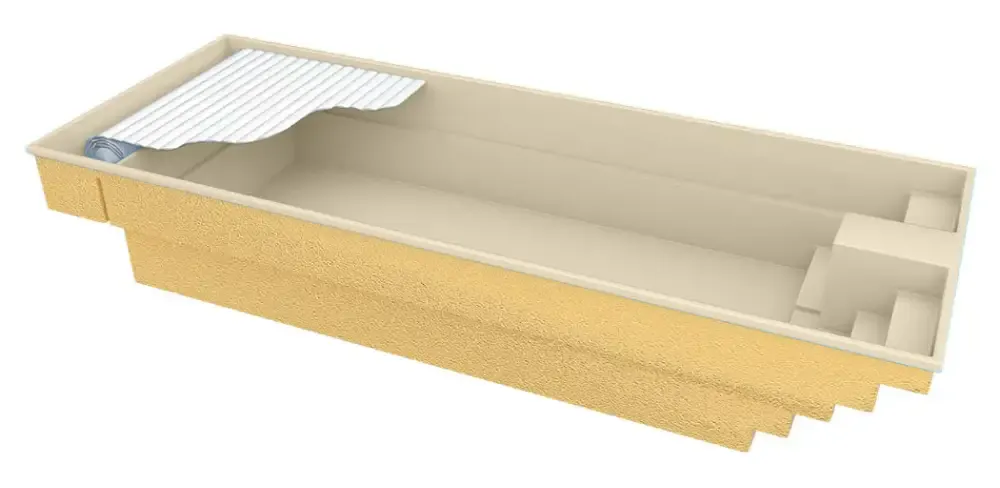 Glasfiberpool Trinidad med inbyggt poolöverdrag och beige betongpool