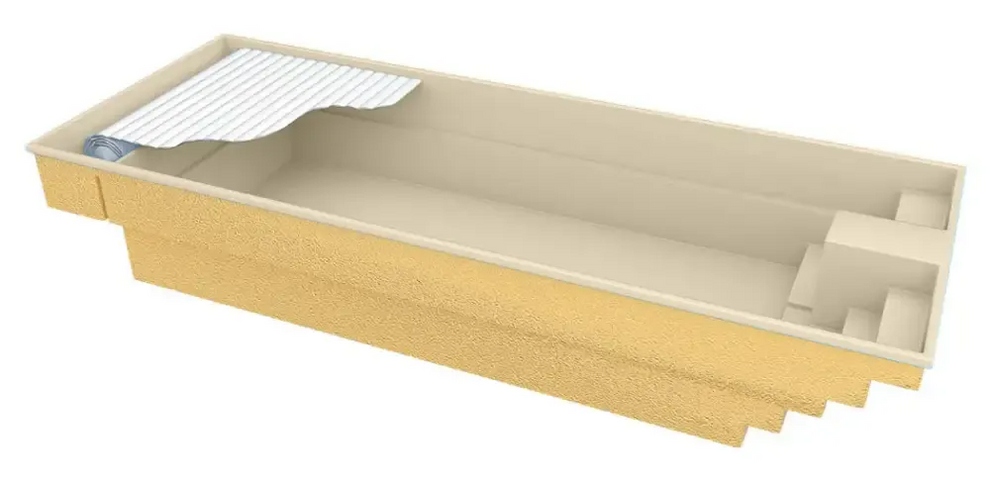 Glasfiberpool Trinidad med inbyggt poolöverdrag och beige betongpool