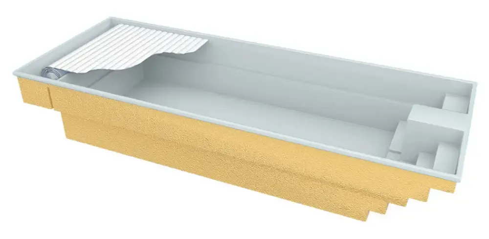 Gul glasfiberpool Trinidad med inbyggt poolöverdrag och blå kakel
