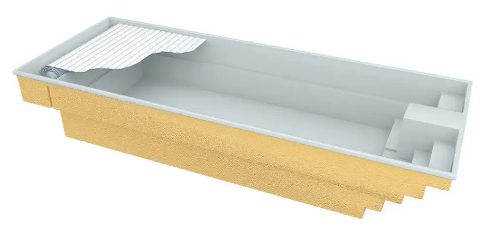 Gul glasfiberpool Trinidad med inbyggt poolöverdrag och blå kakel