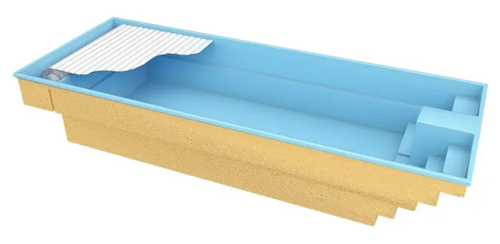 Glasfiberpool Trinidad med blå kakel och inbyggt poolöverdrag